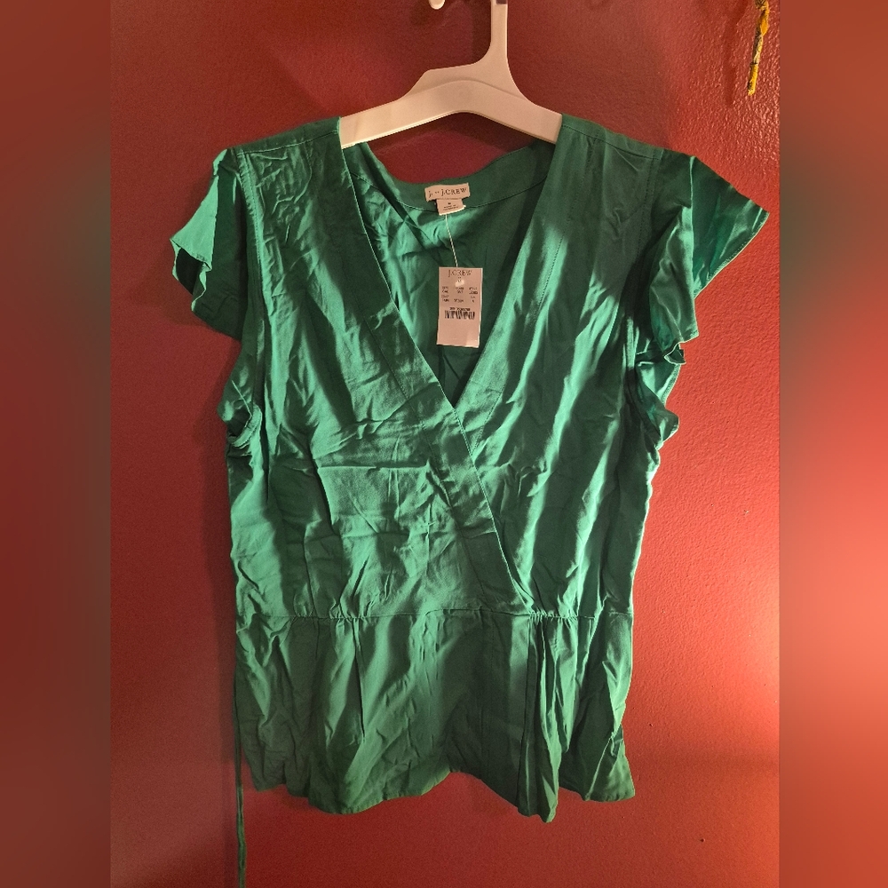 J. Crew Green Flutter Sleeve Wrap Blouse